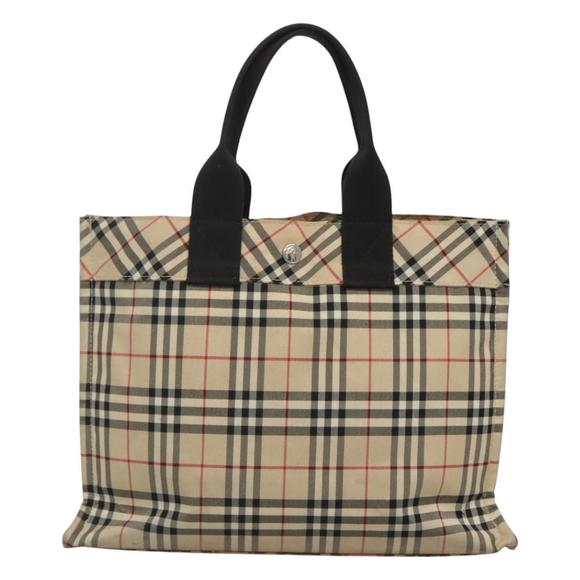 BURBERRY Nova Check Blue Label Hand Bag Nylon Beige Silver Auth 122940 - Picture 2 of 16